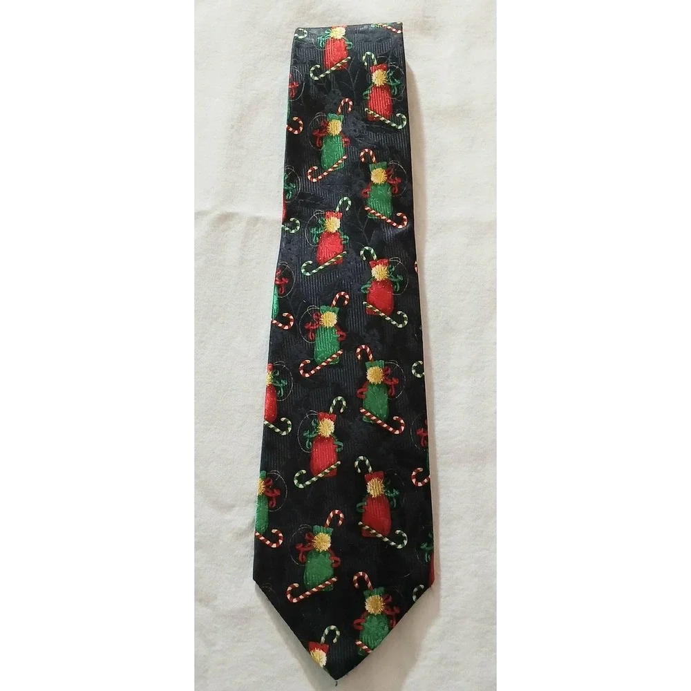 Vintage‎ Robert Talbott Tie Mens One Size Black Silk Christmas Candy Cane 90s